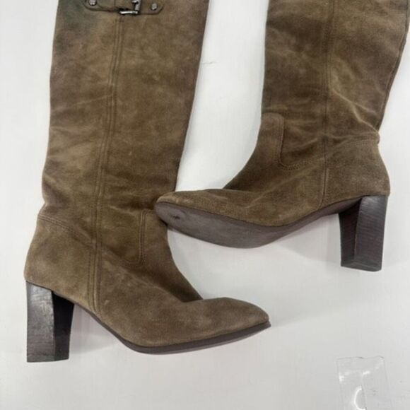 Michael Kors Olive Green Suede Heeled Tall Leather Buckle Boots Size 8 Riding - Picture 5 of 16